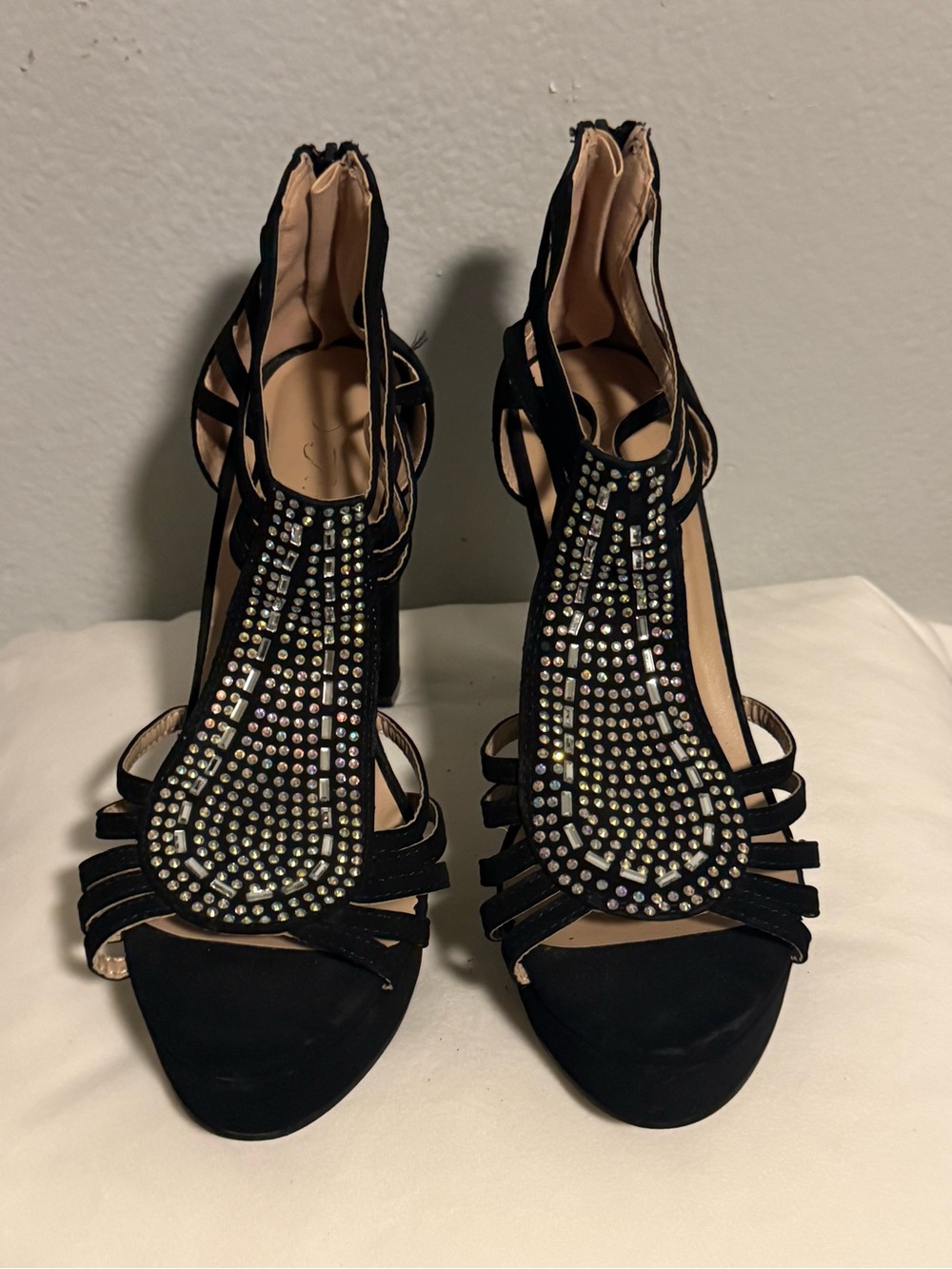 Embellished Black Strappy High Heels